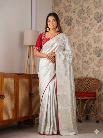 Designer Pure Banarasi Saree With Weaving Motifs & Contrast piping saree