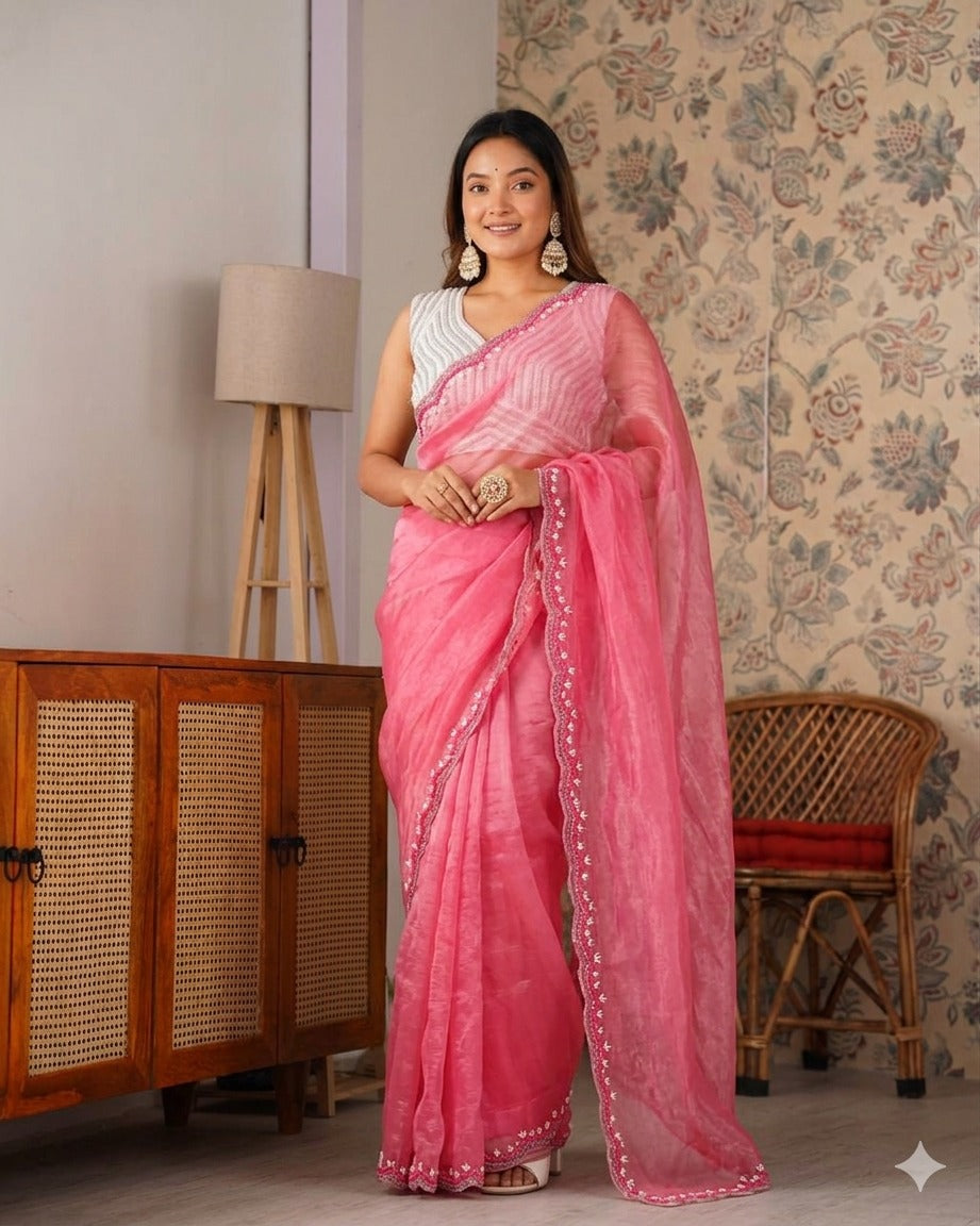Designer Fendy Chiffon Saree With Cutdana Moti Border & Handwork saree