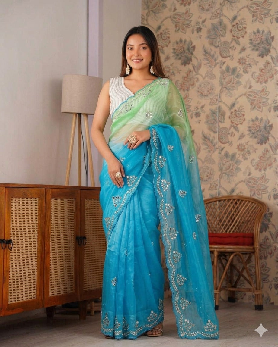 Designer Fendy Chiffon Saree With Cutdana Moti Border & Handwork saree