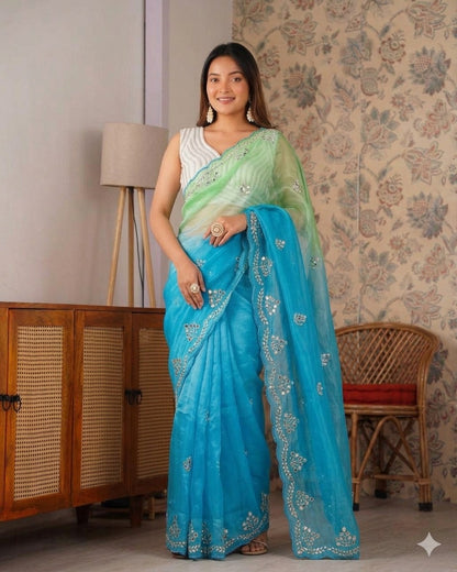 Designer Fendy Chiffon Saree With Cutdana Moti Border & Handwork saree