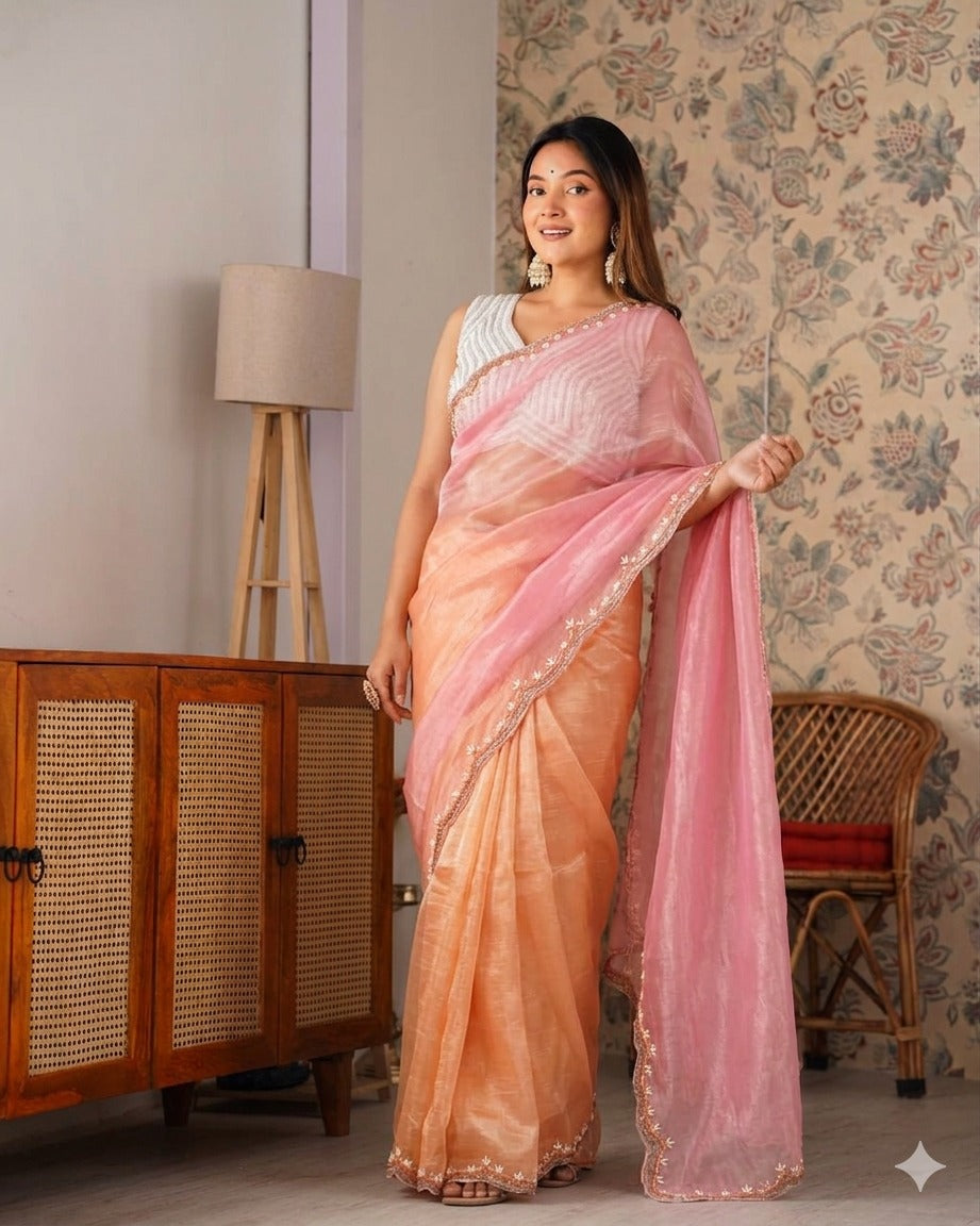 Designer Fendy Chiffon Saree With Cutdana Moti Border & Handwork saree
