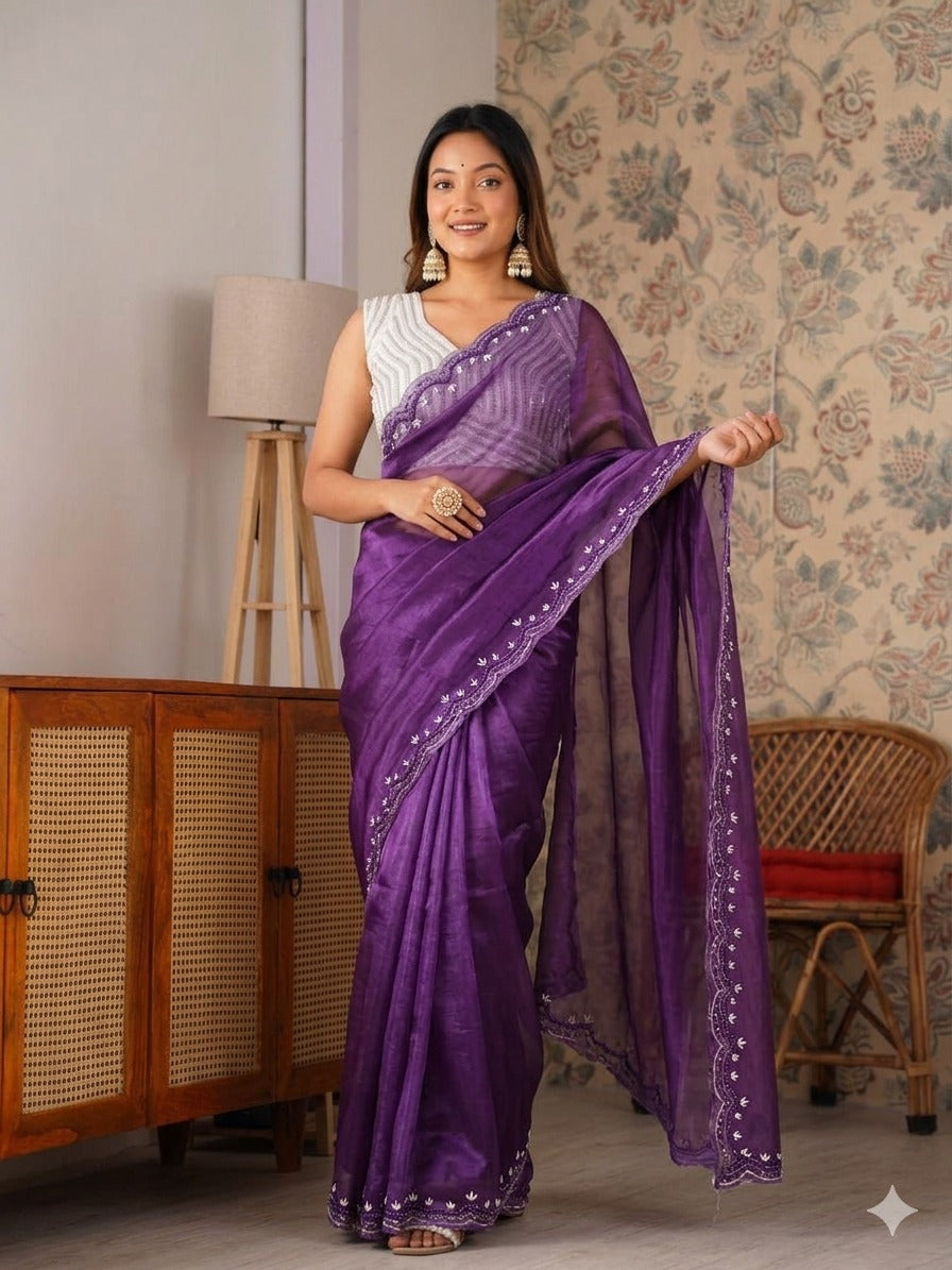Designer Fendy Chiffon Saree With Cutdana Moti Border & Handwork saree