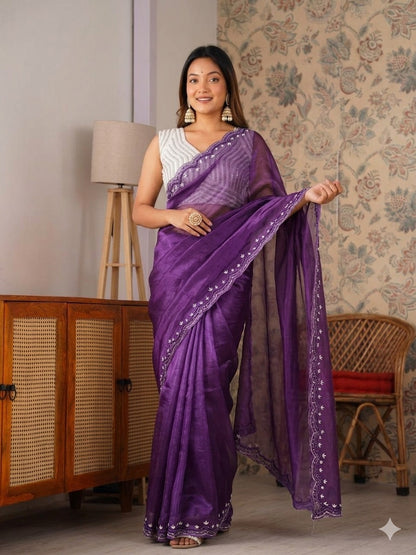 Designer Fendy Chiffon Saree With Cutdana Moti Border & Handwork saree