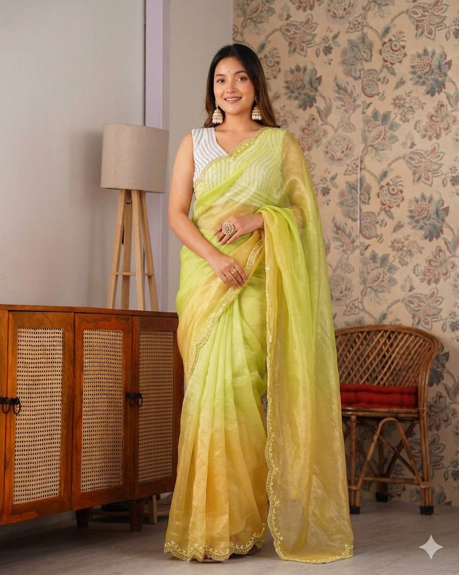 Designer Fendy Chiffon Saree With Cutdana Moti Border & Handwork saree