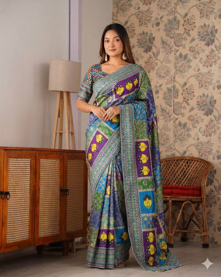 Designer Premium Chinon Silk With Print & Real Mirror Work Saree