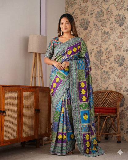 Designer Premium Chinon Silk With Print & Real Mirror Work Saree