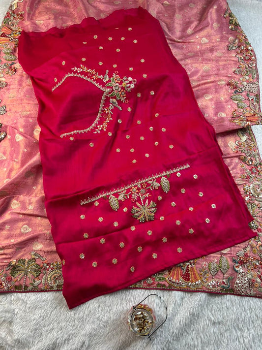 Beautiful  Dola Silk Saree With Coding And Multi Sequence Work