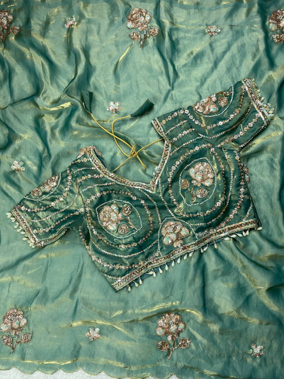 Beautiful Rich Space Silk Saree With Tone-to-Tone aarco Embroidery work