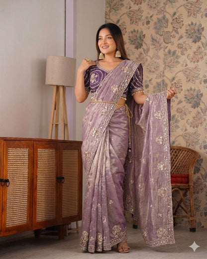 Beautiful Rich Space Silk Saree With Tone-to-Tone aarco Embroidery work