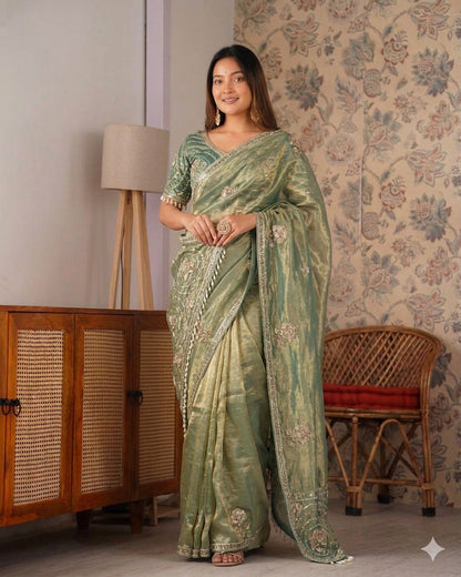 Beautiful Rich Space Silk Saree With Tone-to-Tone aarco Embroidery work