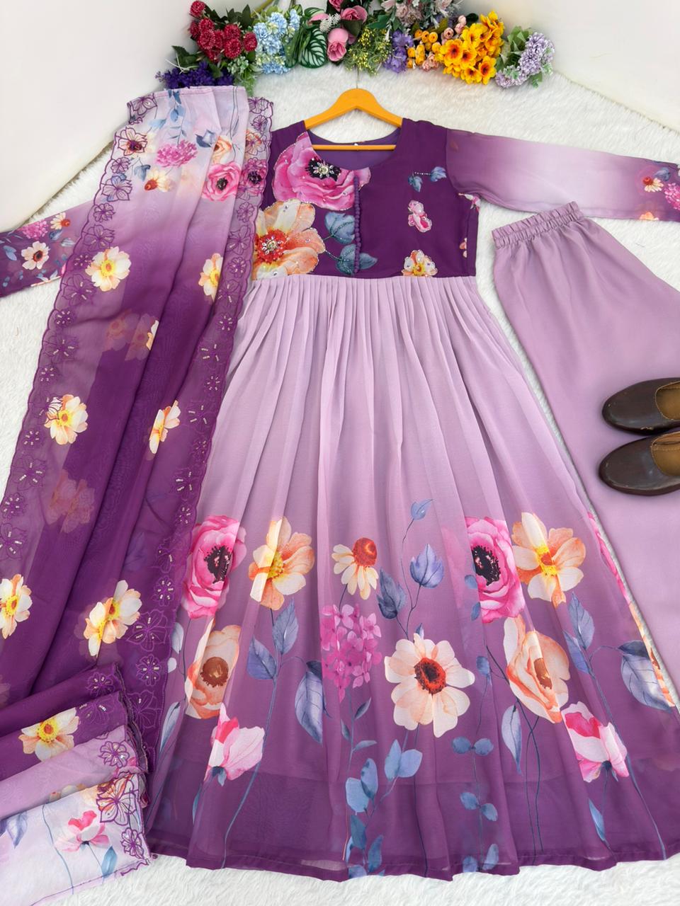 Beautifull Fox Georgette Handwork Neck Sleeve Gown