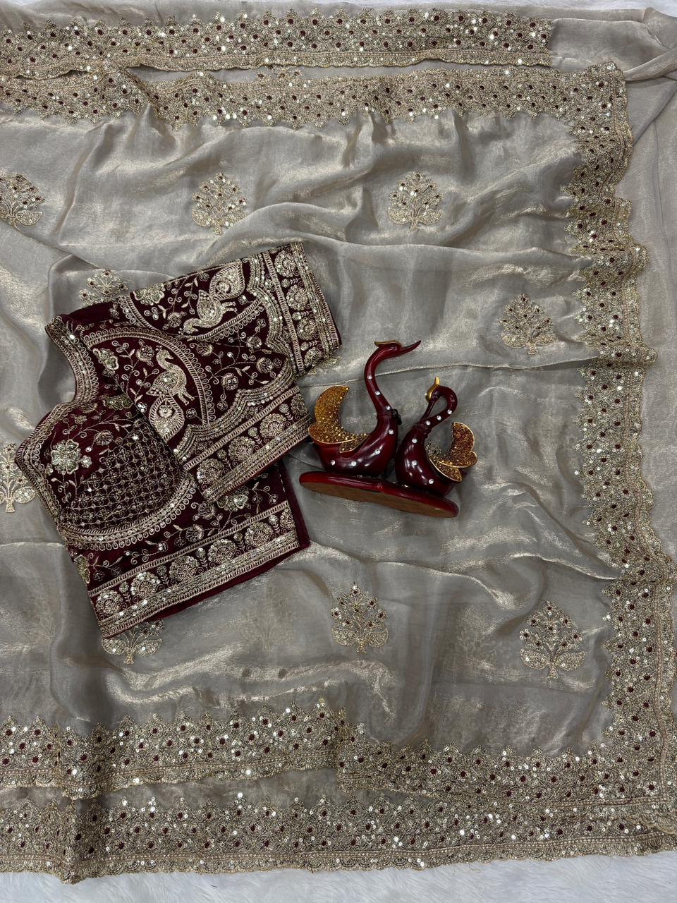 Beautifull Soft Frendy Satin With Sequience Zari Embroidery Work Saree