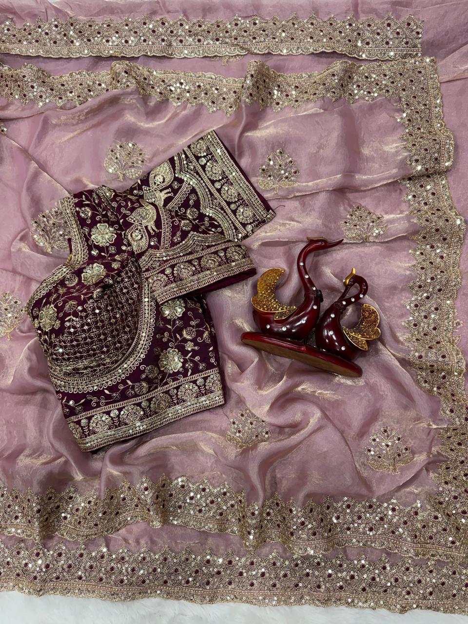 Beautifull Soft Frendy Satin With Sequience Zari Embroidery Work Saree