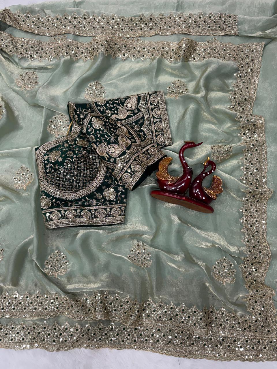 Beautifull Soft Frendy Satin With Sequience Zari Embroidery Work Saree