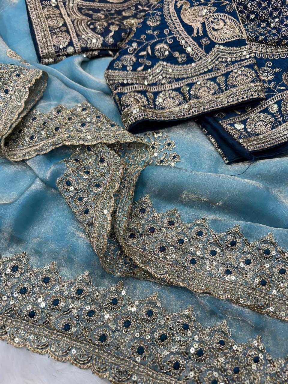 Beautifull Soft Frendy Satin With Sequience Zari Embroidery Work Saree