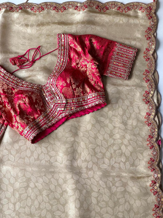 Beautiful Elegant Look Scalloped Coding Sequence Work Dola Silk Saree