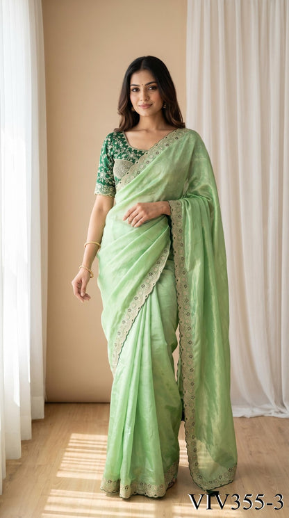 Beautiful Elegant Rich Look Embroidery Thread Work Premium Space Silk Saree