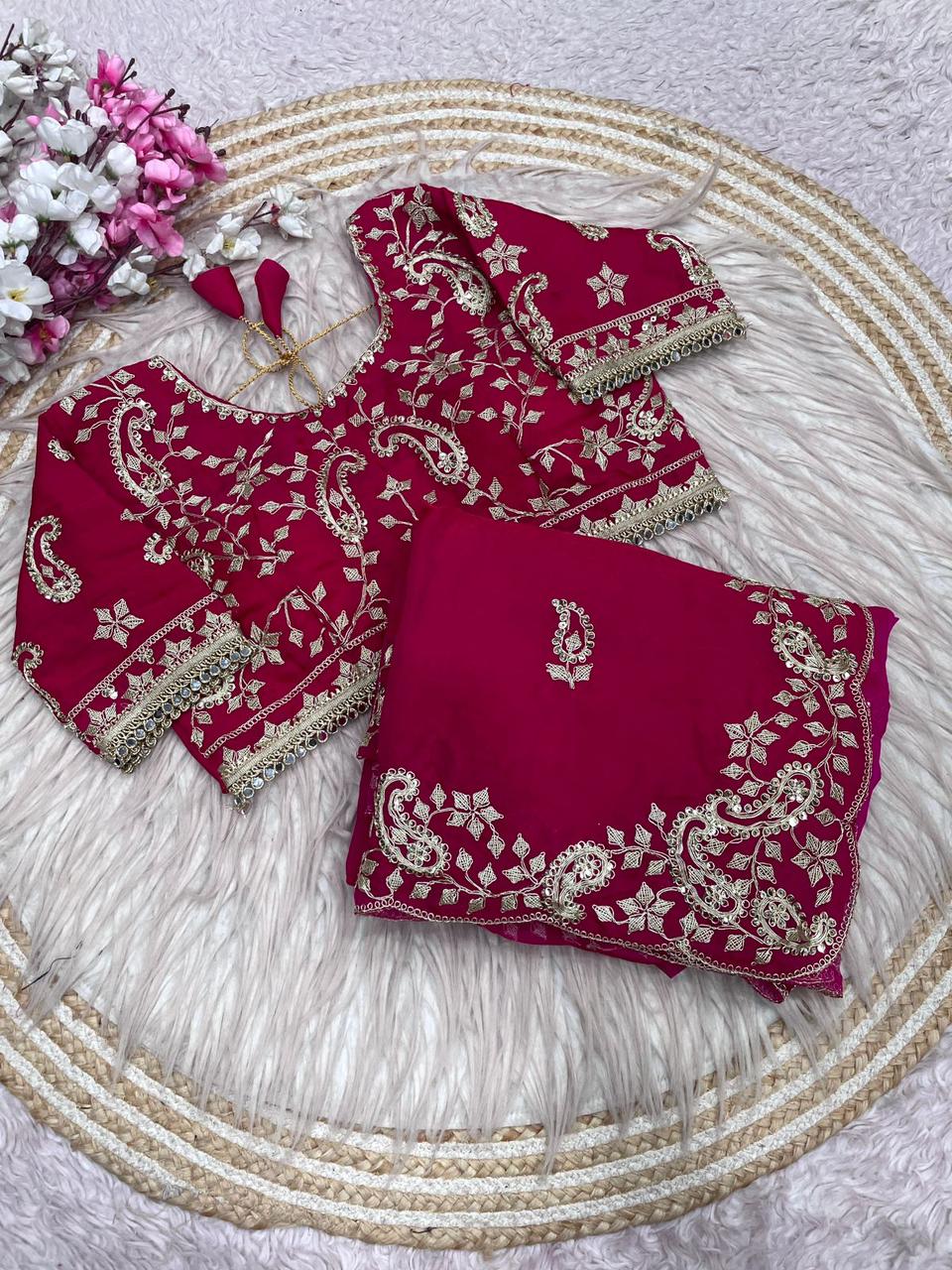 Beautiful Soft Rich Fandy Satin Silk Sequence Embroidery Work Saree