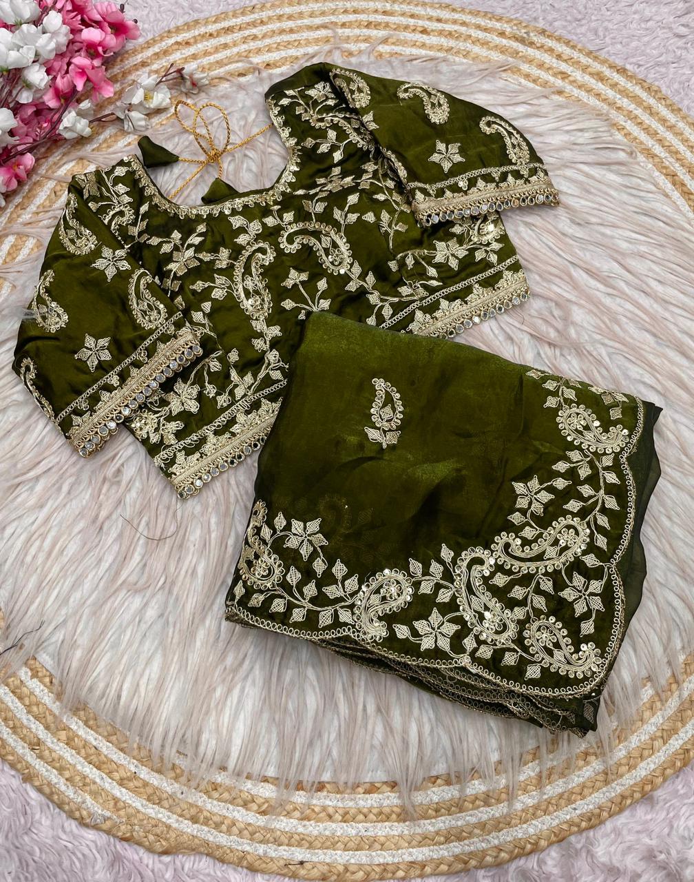 Beautiful Soft Rich Fandy Satin Silk Sequence Embroidery Work Saree