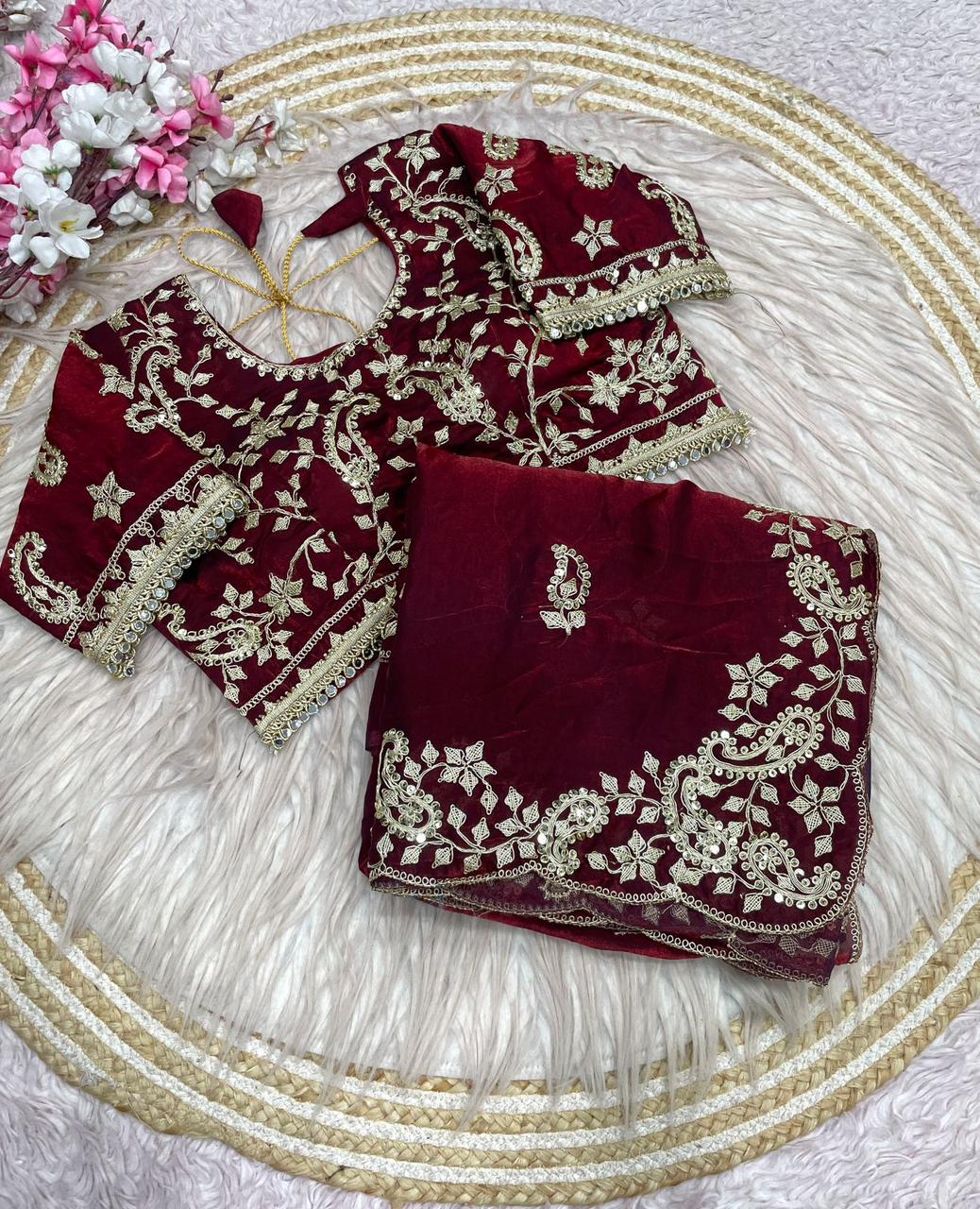 Beautiful Soft Rich Fandy Satin Silk Sequence Embroidery Work Saree