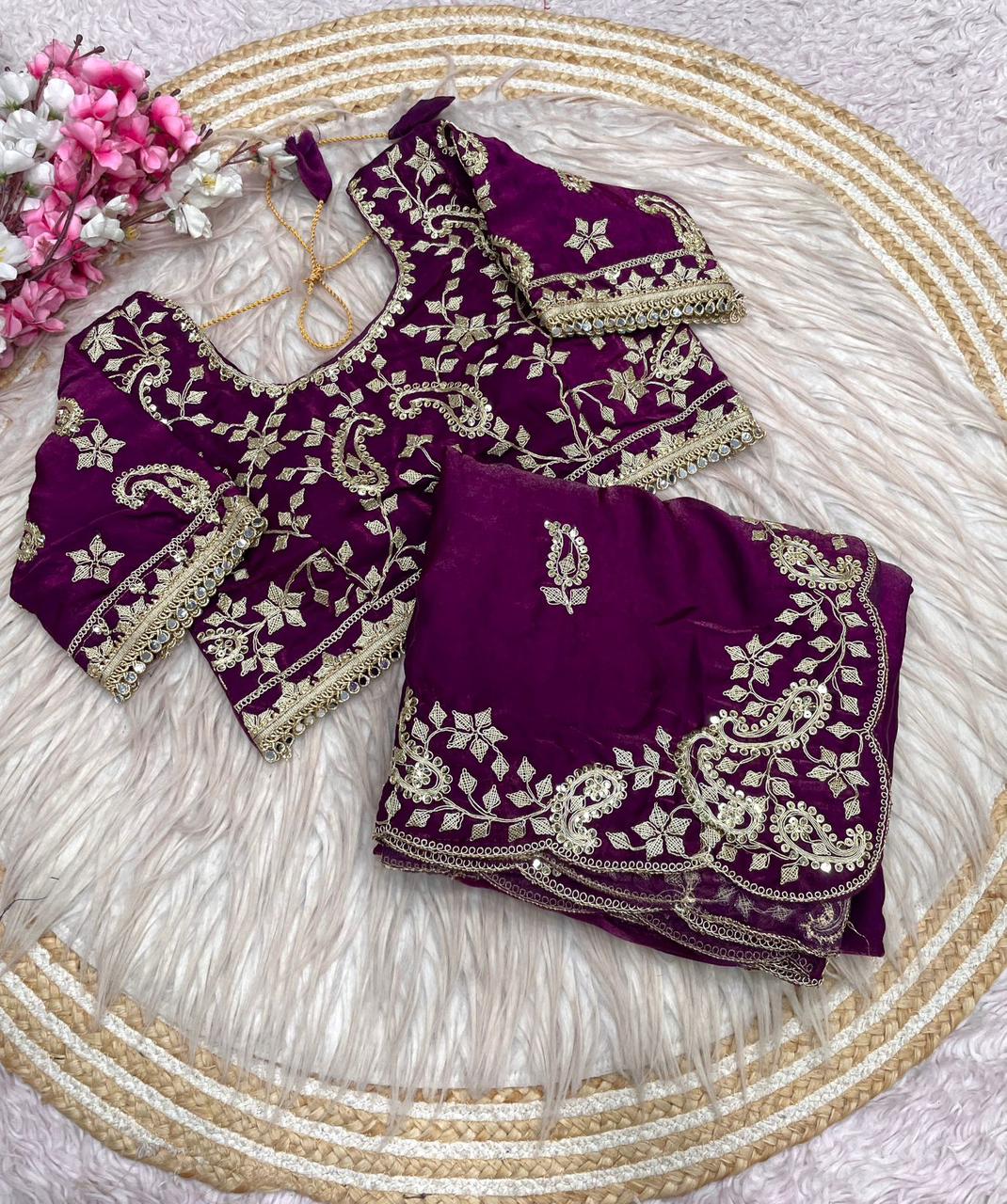 Beautiful Soft Rich Fandy Satin Silk Sequence Embroidery Work Saree
