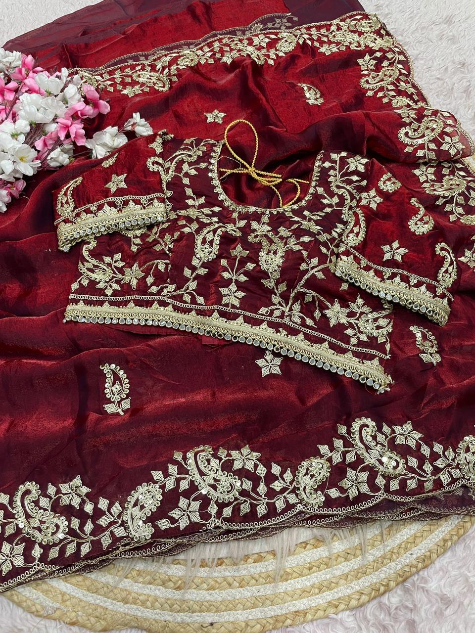 Beautiful Soft Rich Fandy Satin Silk Sequence Embroidery Work Saree