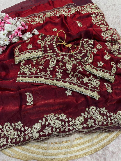 Beautiful Soft Rich Fandy Satin Silk Sequence Embroidery Work Saree