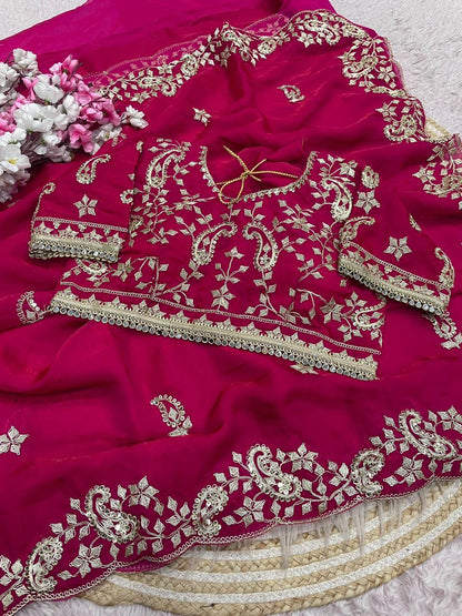 Beautiful Soft Rich Fandy Satin Silk Sequence Embroidery Work Saree