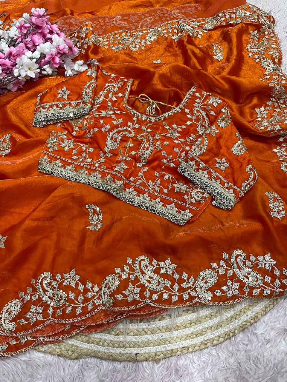 Beautiful Soft Rich Fandy Satin Silk Sequence Embroidery Work Saree
