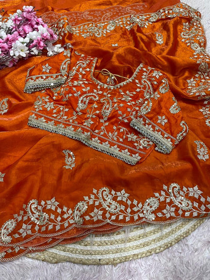 Beautiful Soft Rich Fandy Satin Silk Sequence Embroidery Work Saree