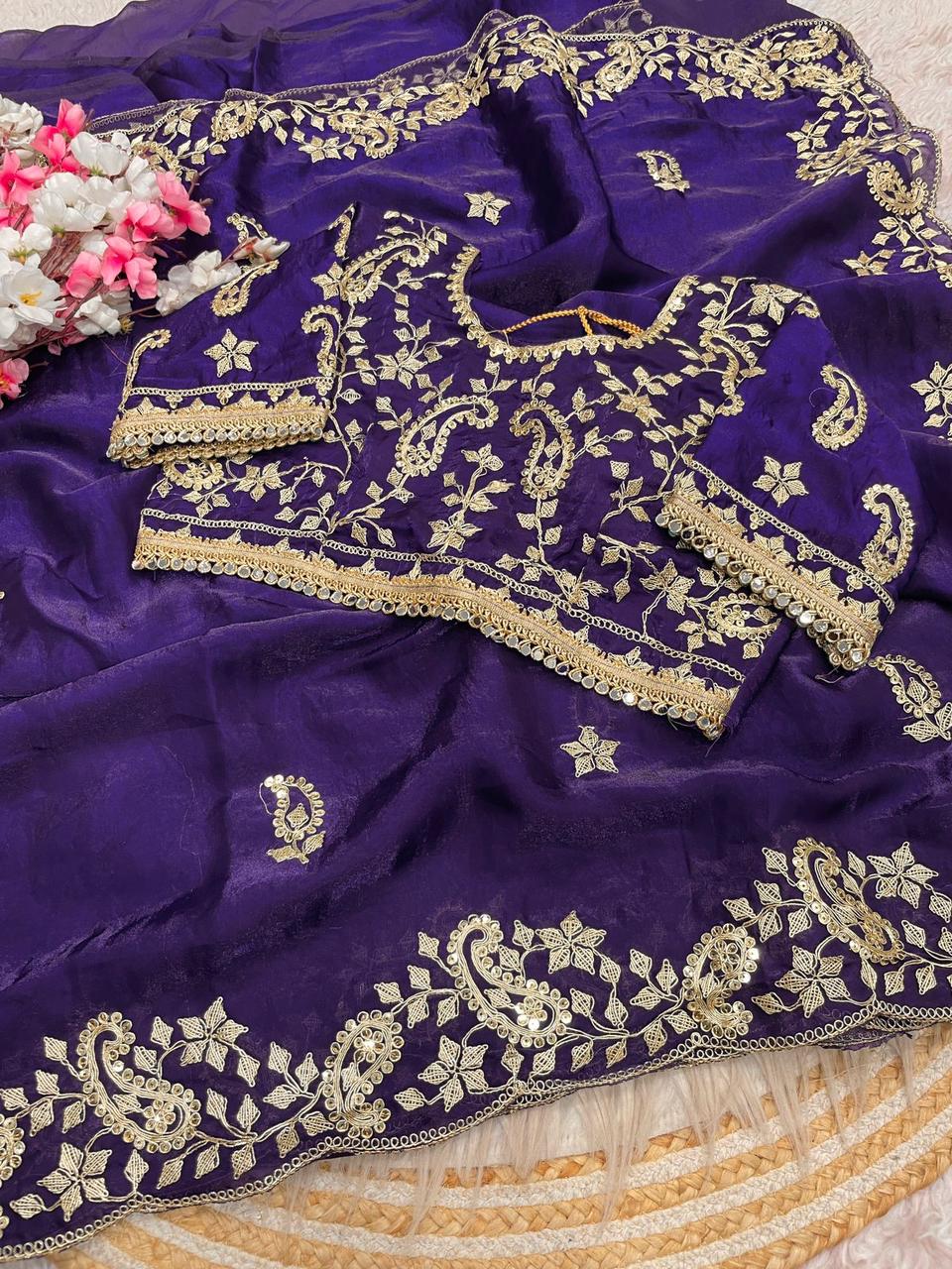Beautiful Soft Rich Fandy Satin Silk Sequence Embroidery Work Saree
