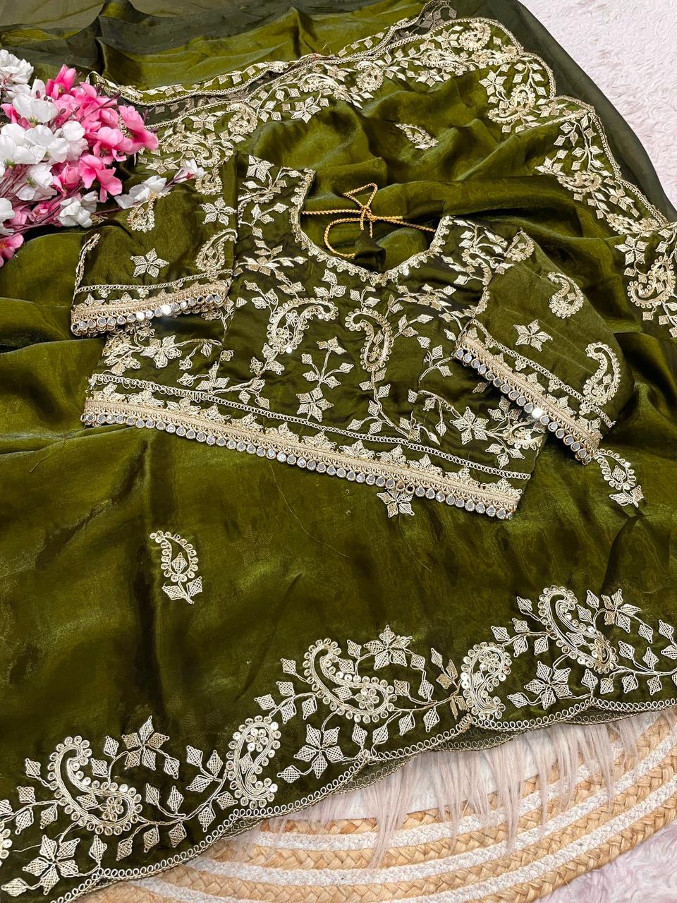 Beautiful Soft Rich Fandy Satin Silk Sequence Embroidery Work Saree