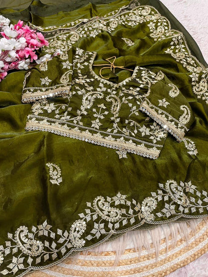 Beautiful Soft Rich Fandy Satin Silk Sequence Embroidery Work Saree