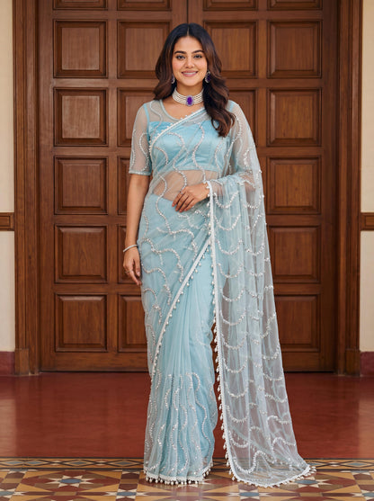 Beautiful Soft Rich Net Embroidery Sequence Pearl Work Saree