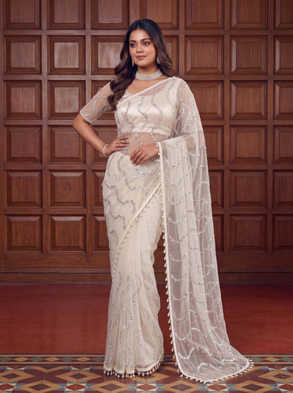 Beautiful Soft Rich Net Embroidery Sequence Pearl Work Saree