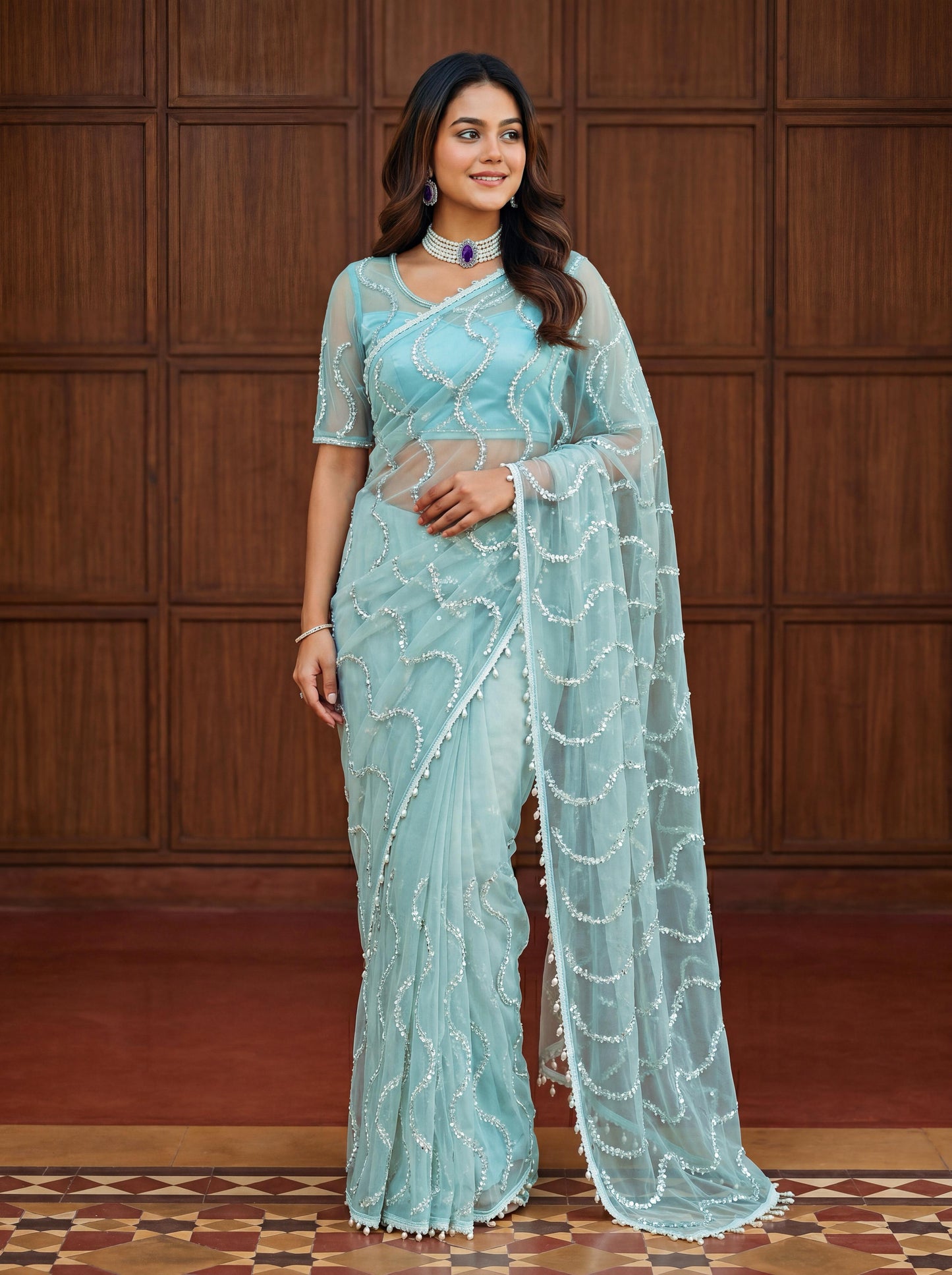 Beautiful Soft Rich Net Embroidery Sequence Pearl Work Saree