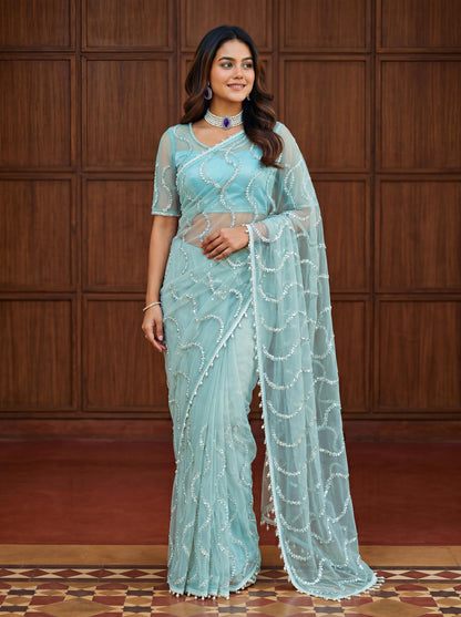 Beautiful Soft Rich Net Embroidery Sequence Pearl Work Saree