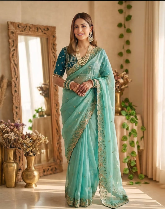 Beautiful Soft Rich Fendy Silk Multi & Sequence with Embroidery Work Saree