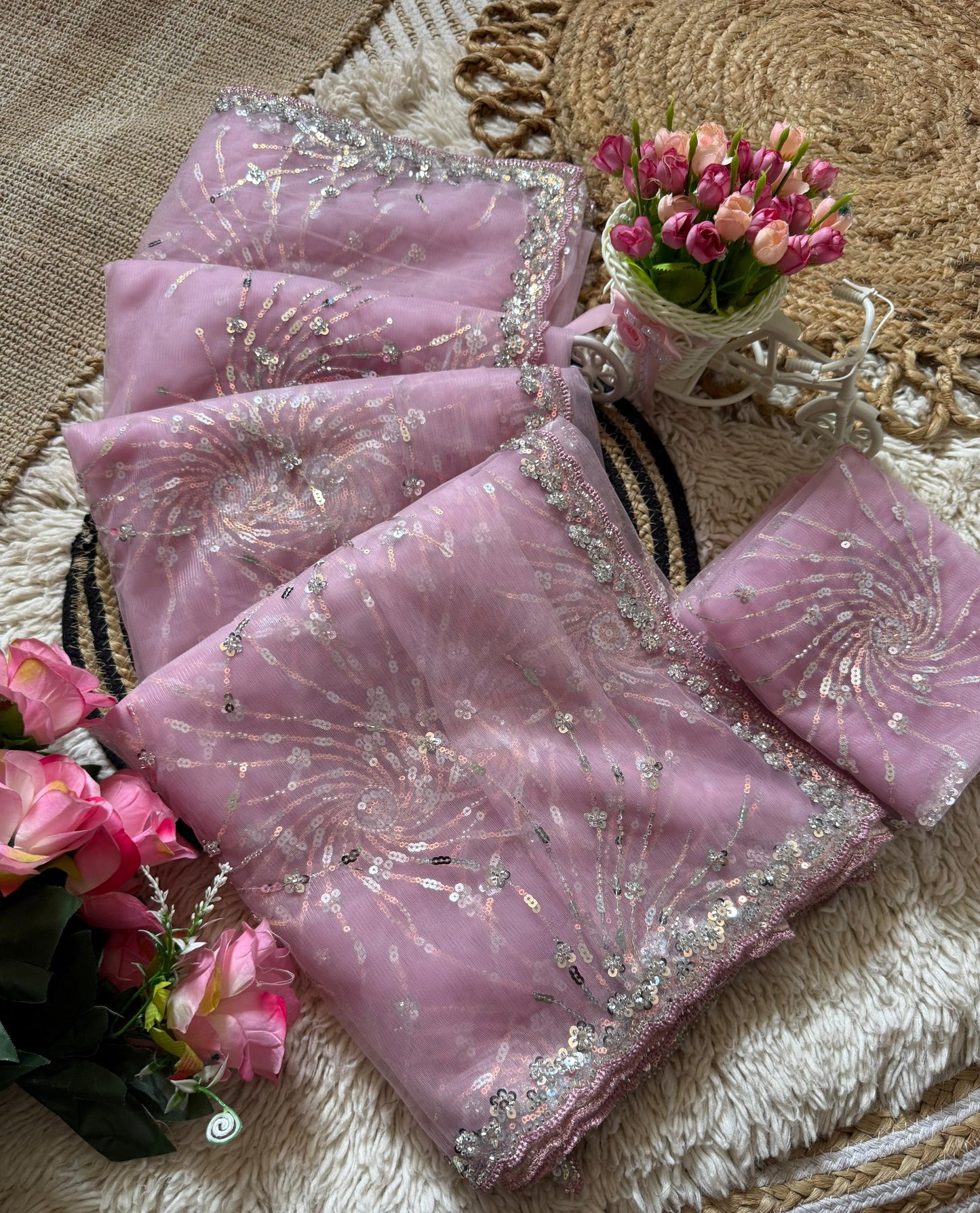 Beautiful Soft Rich Butterfly Net , Multi Sequence & Embroidery Work Saree