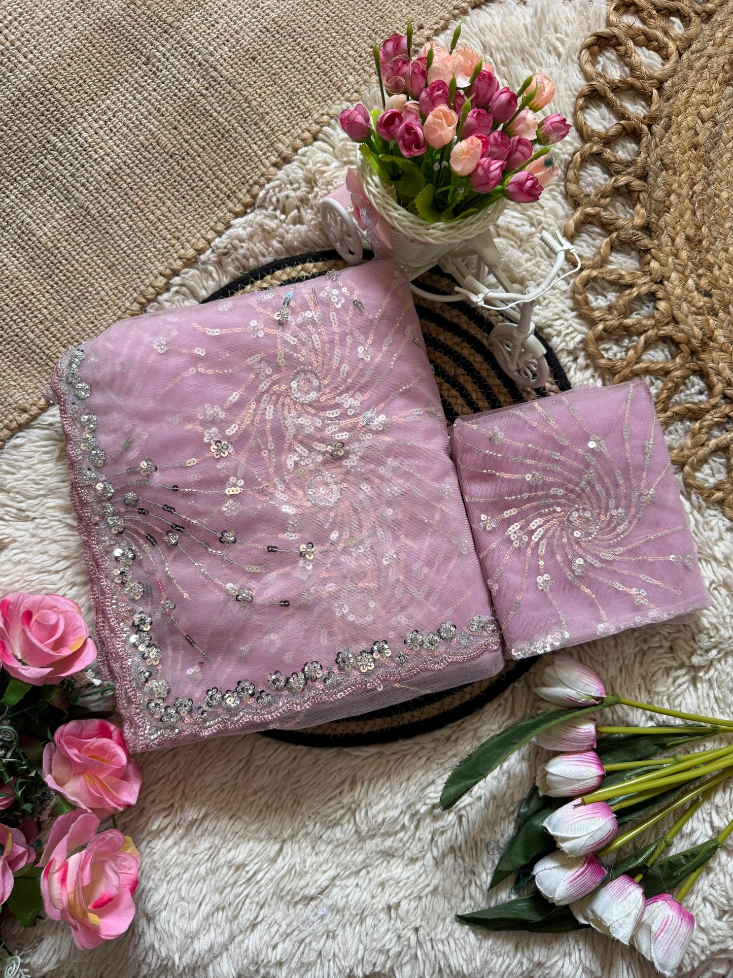 Beautiful Soft Rich Butterfly Net , Multi Sequence & Embroidery Work Saree