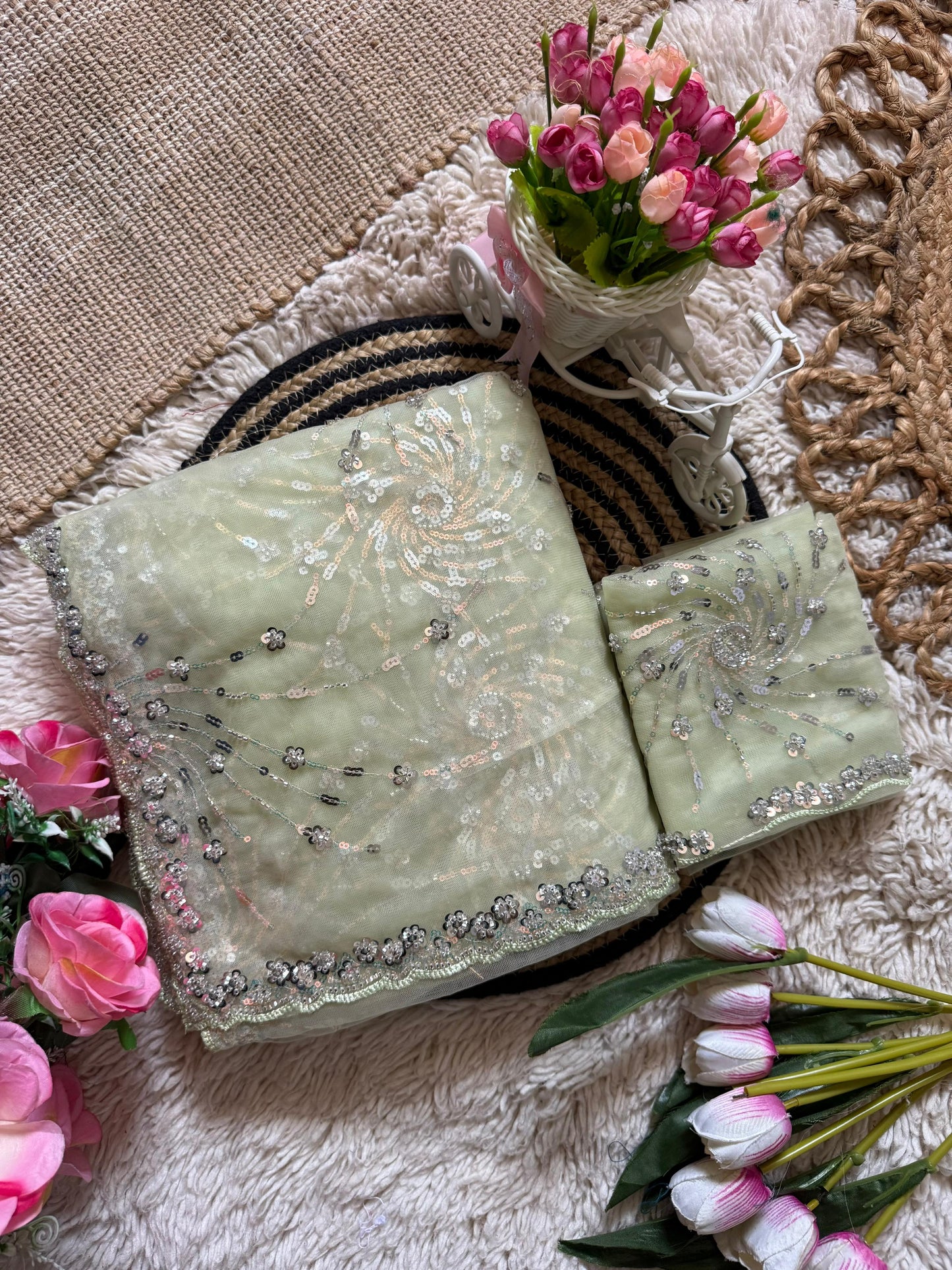 Beautiful Soft Rich Butterfly Net , Multi Sequence & Embroidery Work Saree