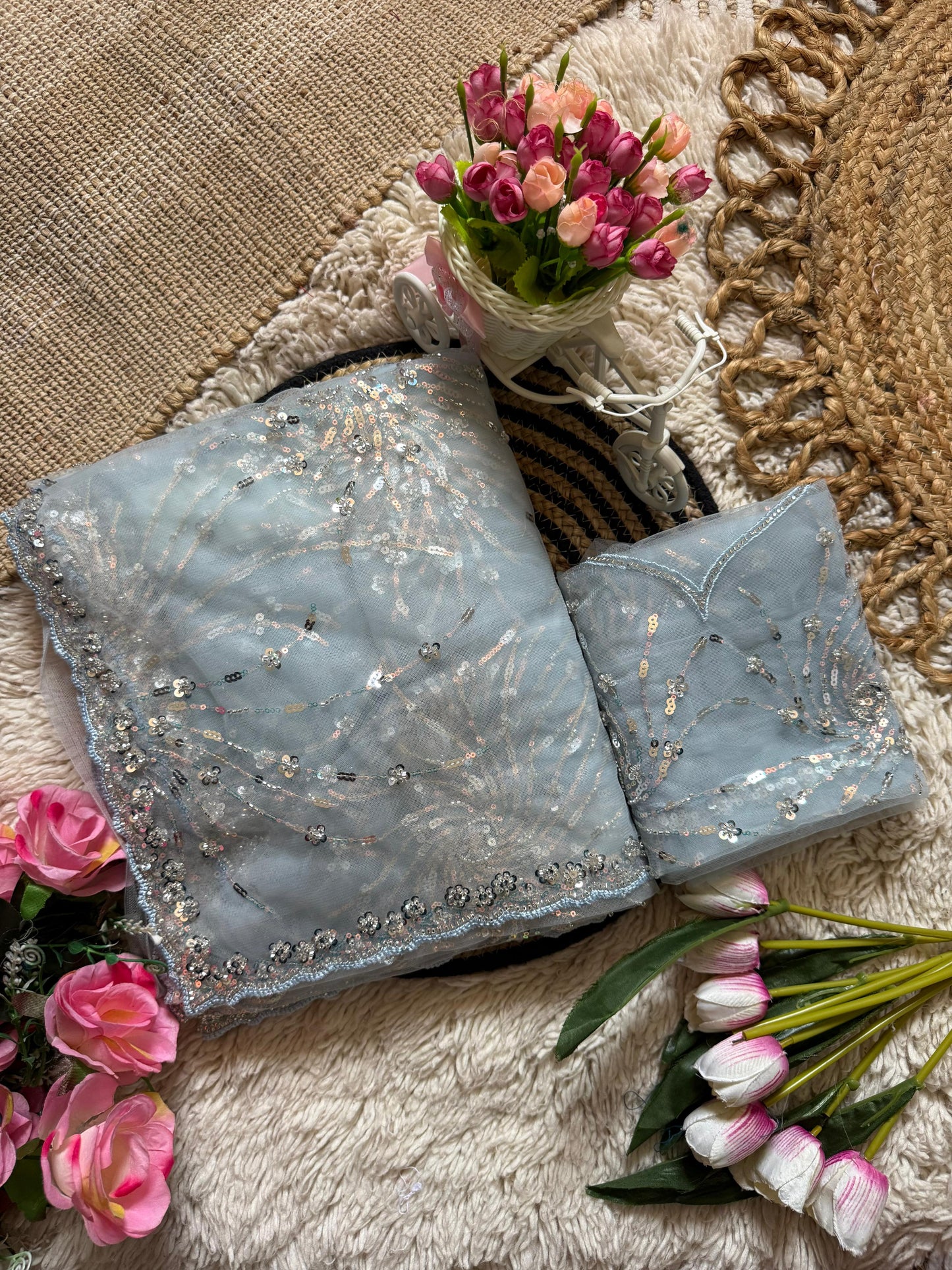 Beautiful Soft Rich Butterfly Net , Multi Sequence & Embroidery Work Saree
