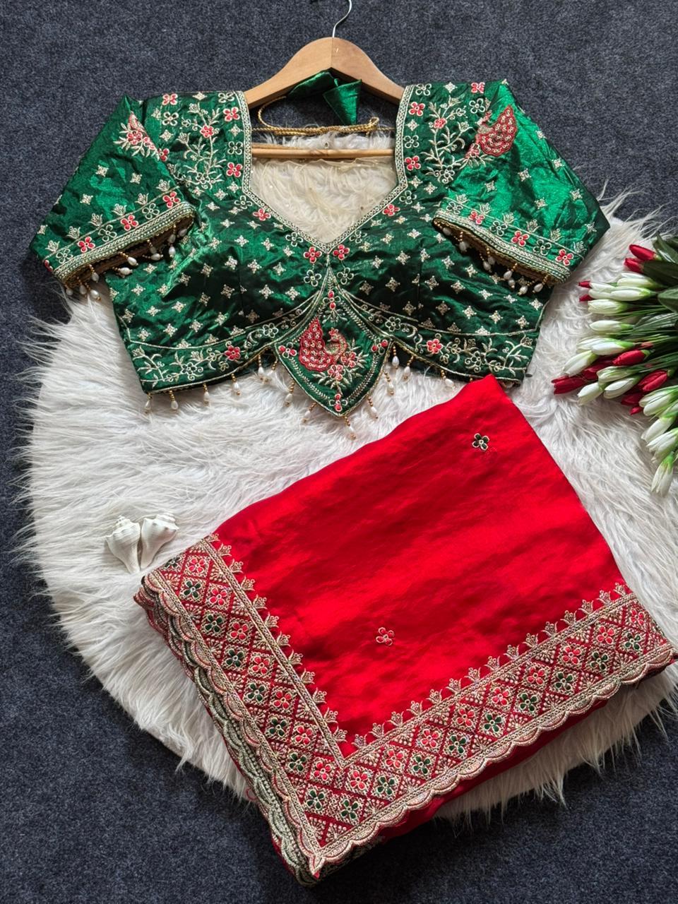 Beautiful Soft Rich Fandy Satin Embroidery Meena Work Saree