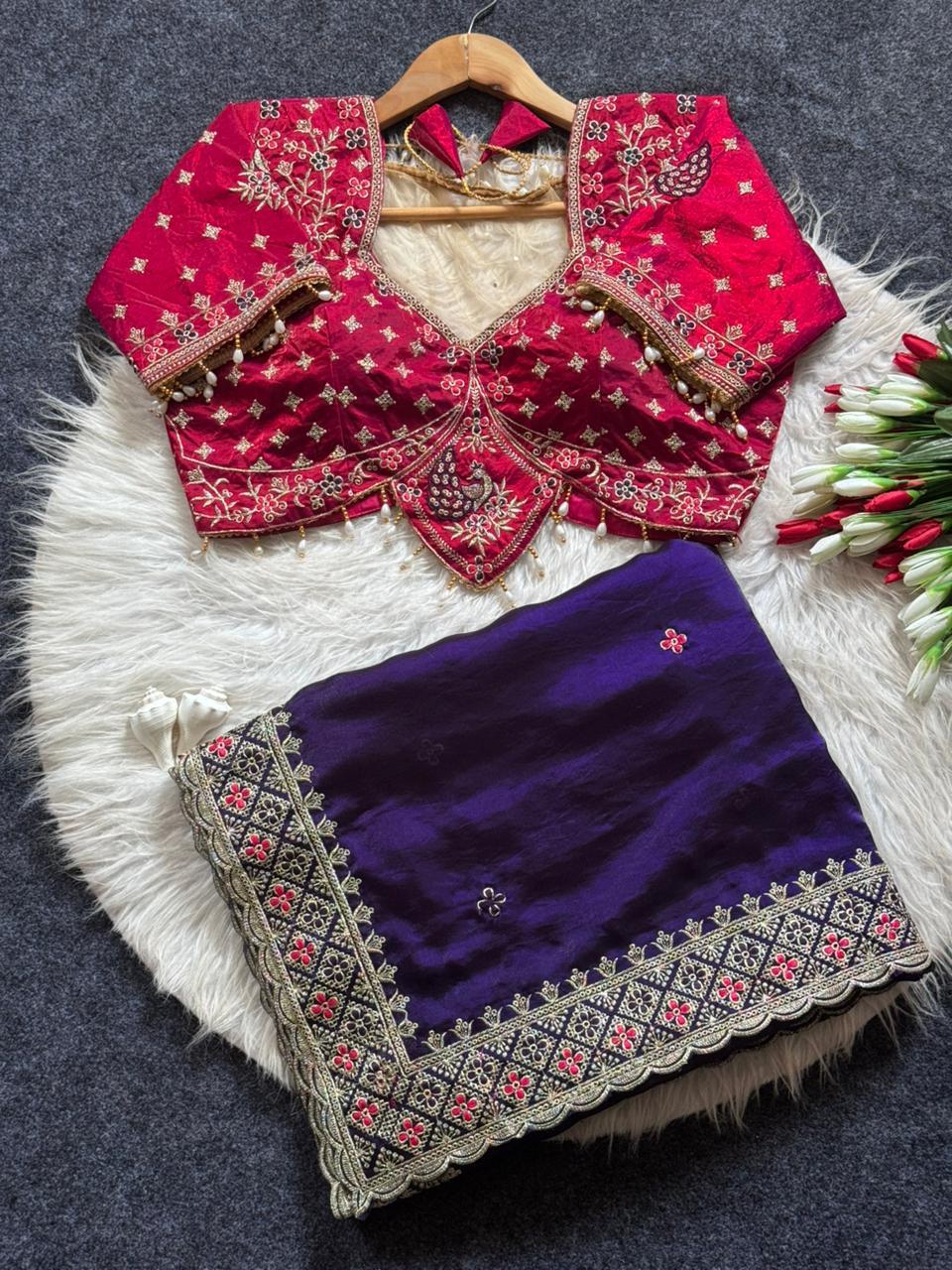 Beautiful Soft Rich Fandy Satin Embroidery Meena Work Saree