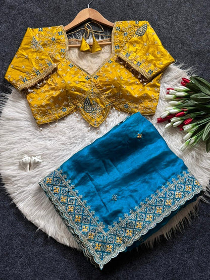 Beautiful Soft Rich Fandy Satin Embroidery Meena Work Saree