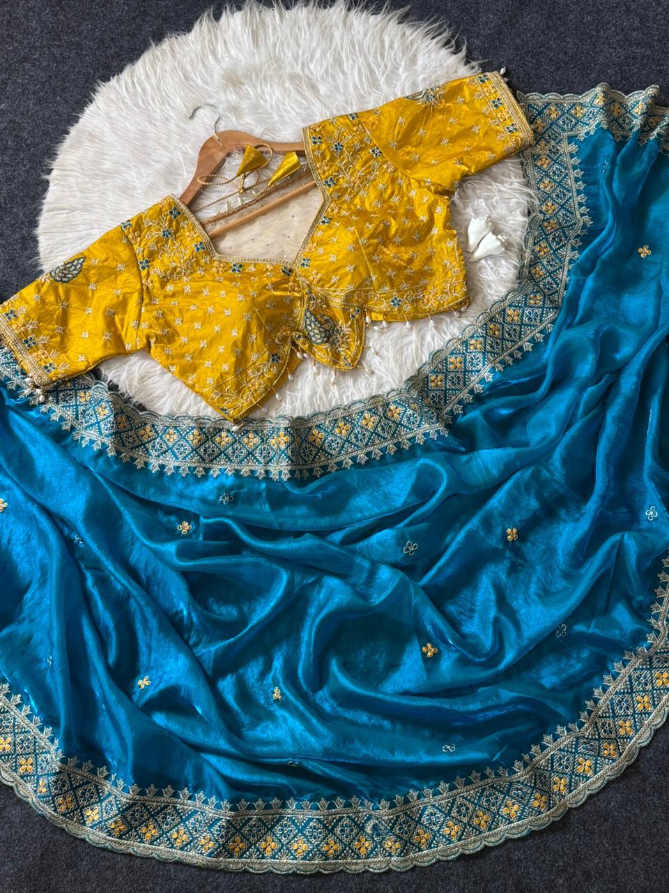 Beautiful Soft Rich Fandy Satin Embroidery Meena Work Saree