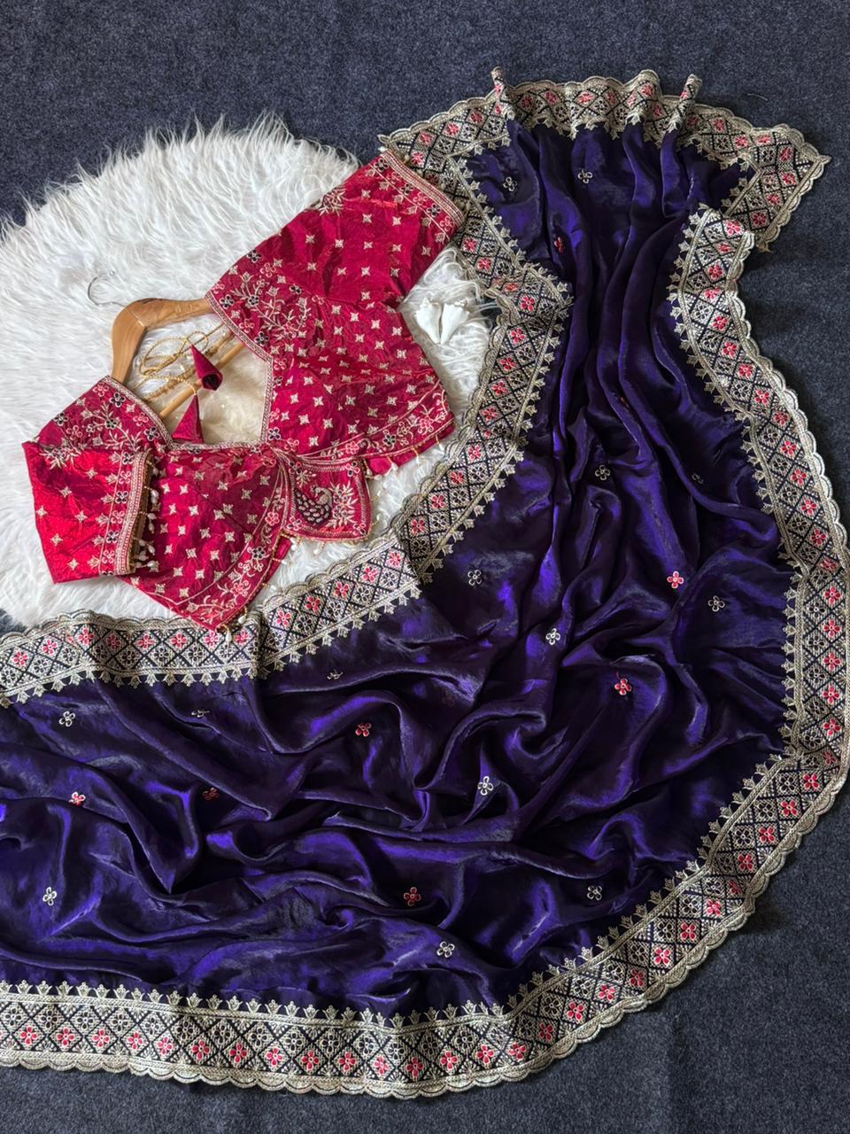 Beautiful Soft Rich Fandy Satin Embroidery Meena Work Saree