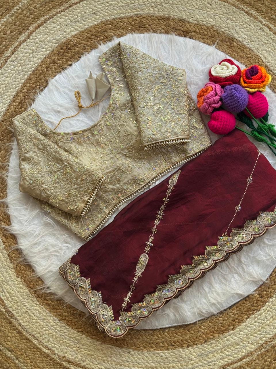 Beautiful Soft Space Silk With Heavy Embroidery Sequence Work Saree