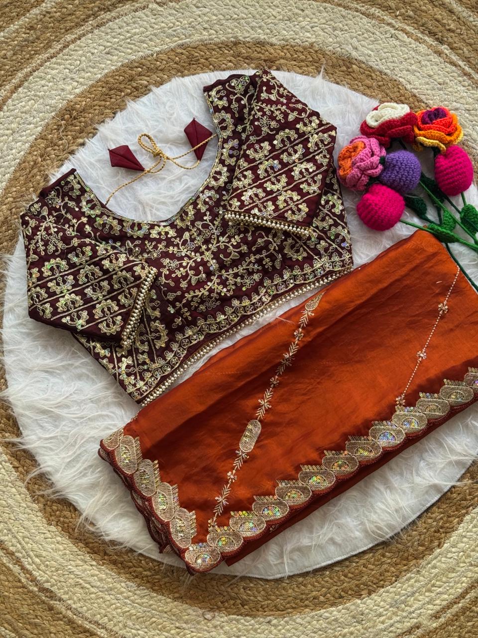 Beautiful Soft Space Silk With Heavy Embroidery Sequence Work Saree