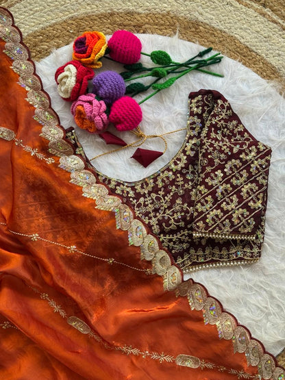 Beautiful Soft Space Silk With Heavy Embroidery Sequence Work Saree